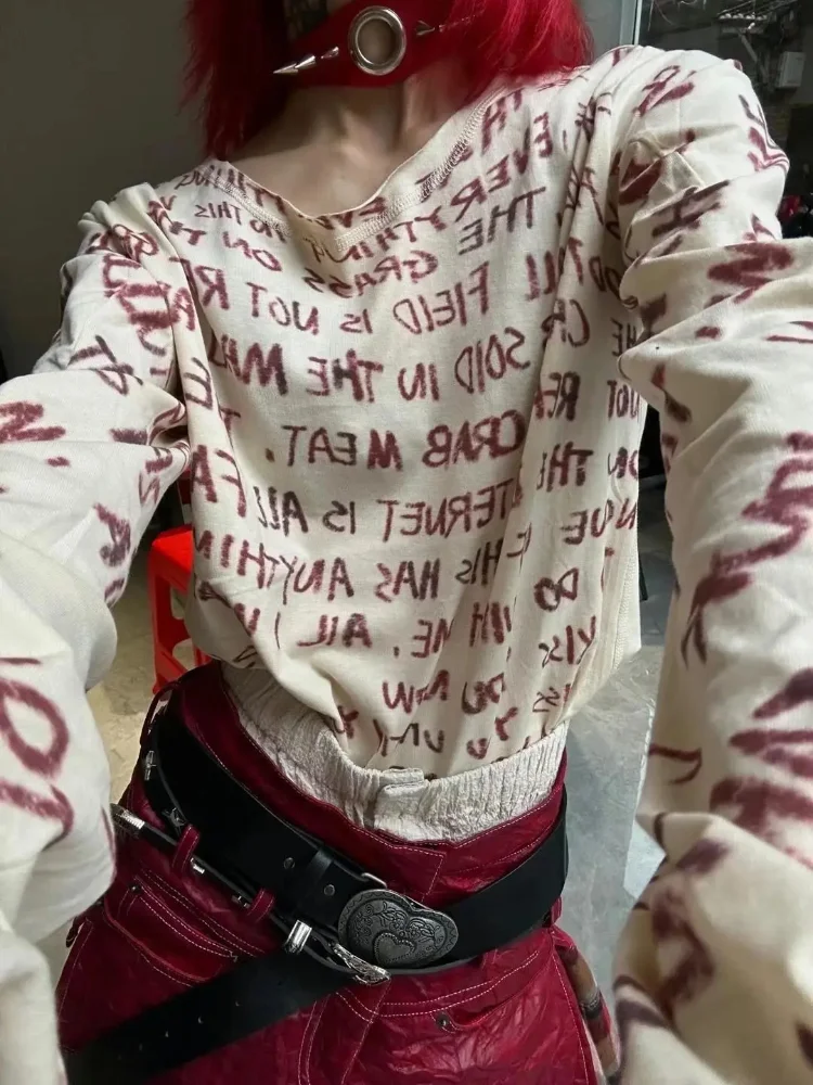 Punk Letter Printed Frayed T-shirts Women Vintage Street Loose Irregular Sleeve Tops Harajuku Y2k Gothic Tees Ins