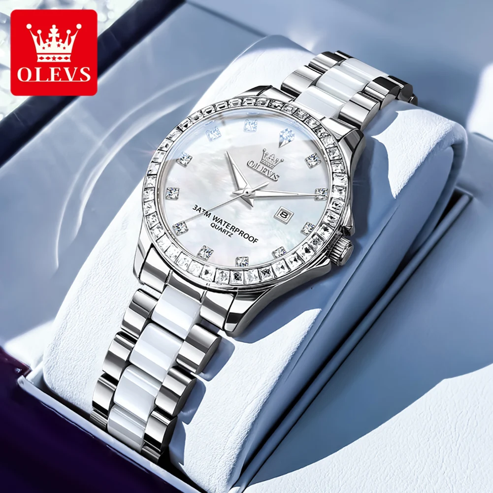 OLEVS Luxury Brand Quartz Watch Women Fashion Rhinestone Bezel Ceramic Strap Womens Dress Watch Waterproof Elegant Ladies Watch