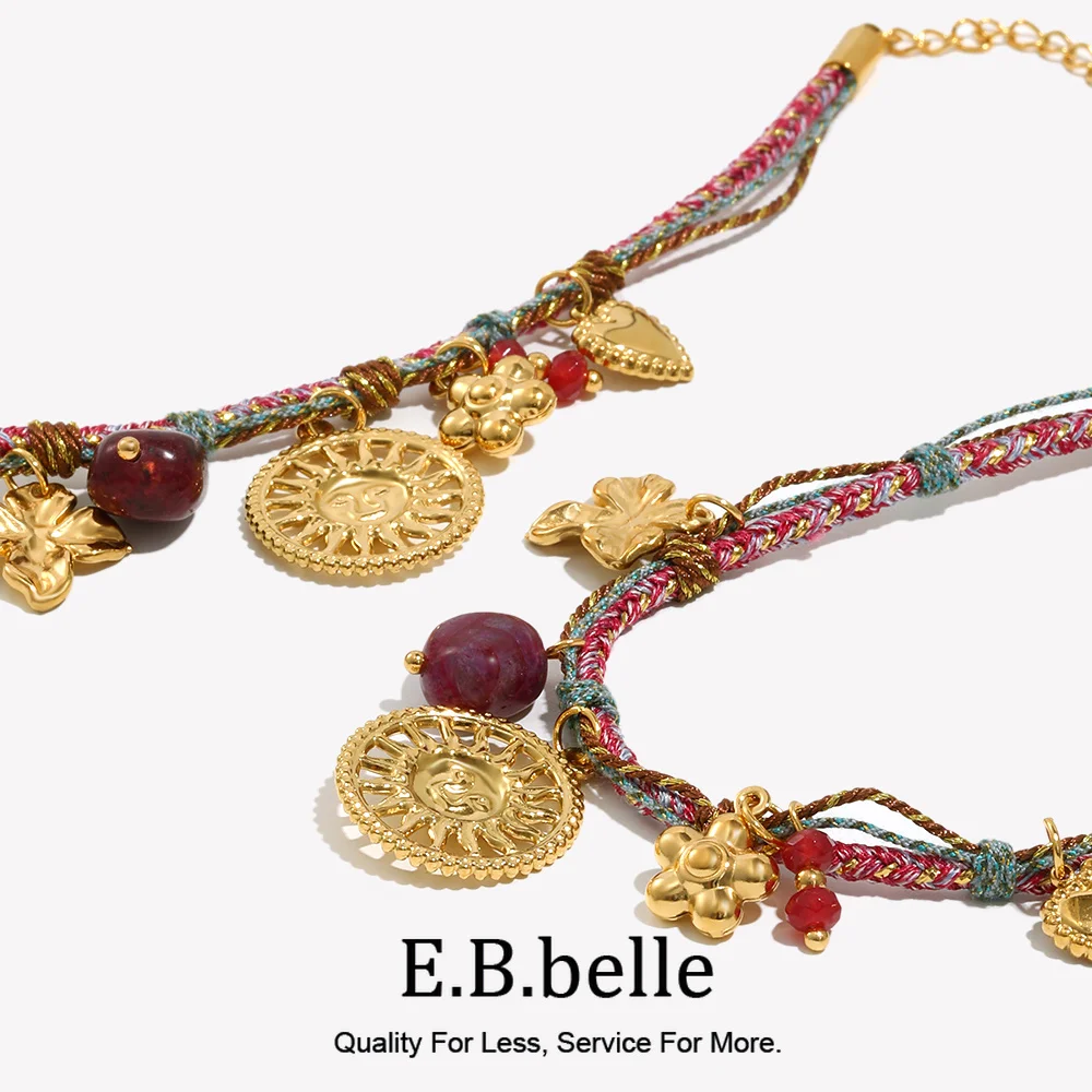 E.B.belle Sun Expression Pendant Colorful Rope Chain Necklace And Bracelet Vintage Round Brand Jewelry Set With Small Heart