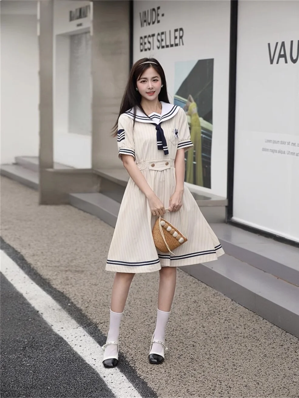 Retro Pasiasta Szkolna Mundurka z Granatowym Kołnierzykiem, Spódnica w Kształcie Litery A, Letnia Moda Dziewczęca, Strój dla Studentek, Japońska Odzież JK