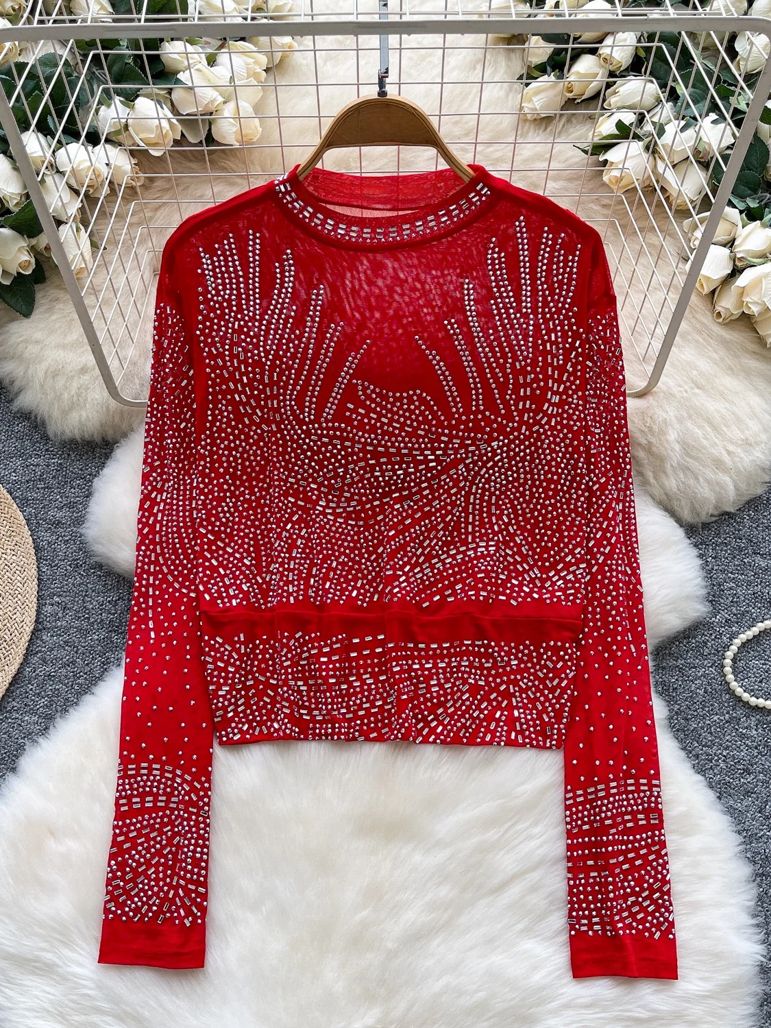 

Sexy Slim Fit Long Sve T-irt Women's Faion Heavy Embellied Thin Diamond Heat Transfer V-ne Pullover Top for Autumn