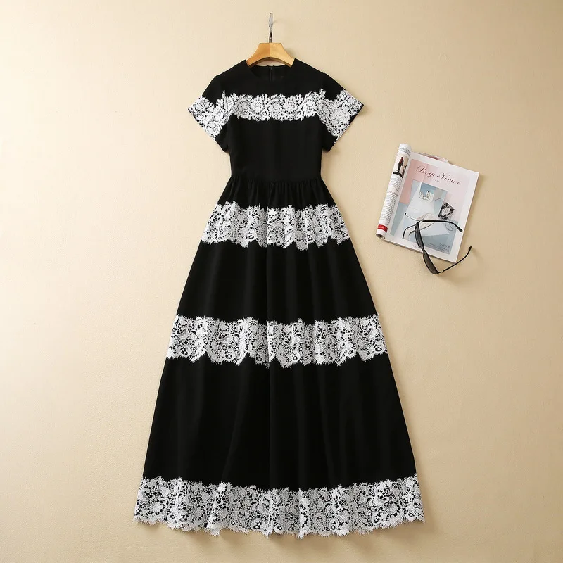 

European and American women's dress 2023 summer new style Round neck short sleeve black and white lace Fashion pleated dress XXL