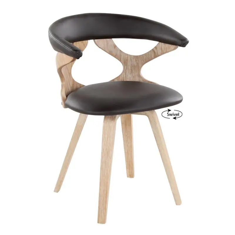 Mid-Century Modern Dining Accent Chair in White Wash Wood and Brown Faux Leather