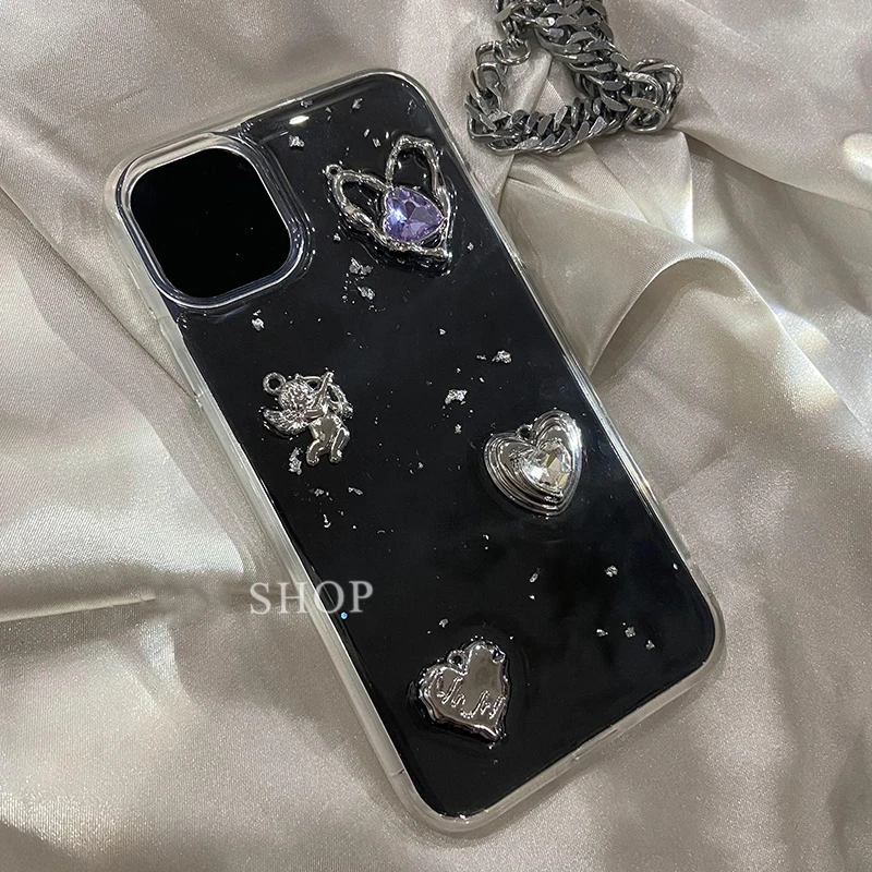 Retro Shining Cupid Love Heart Case For Iphone 15 14 13 12 11 Pro XS Max X XR Ultra-thin Glitter 3D Epoxy Transparent Soft Cover