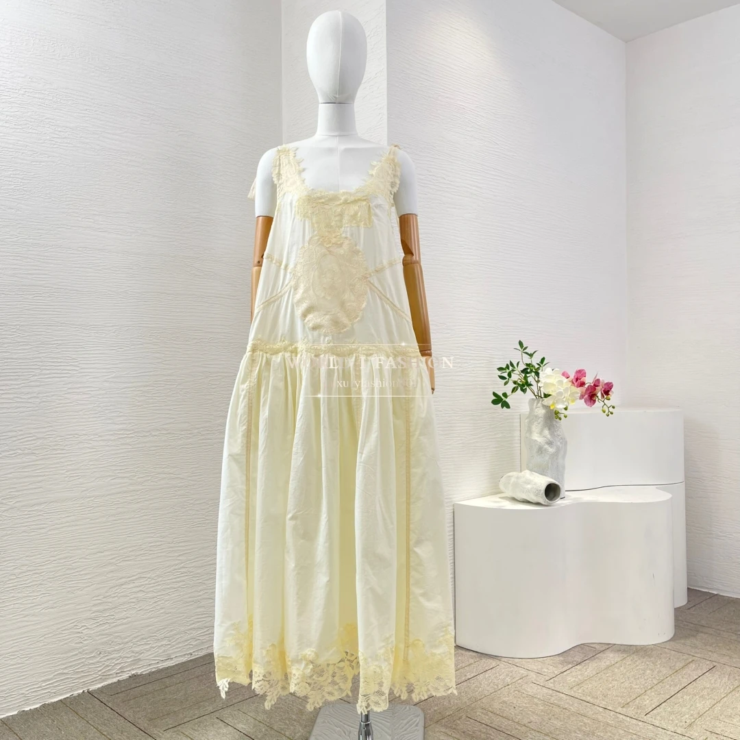 

Womens Dresses Beige Sleeveless Embroidery Lace Ruffles Frilled Midi Dress