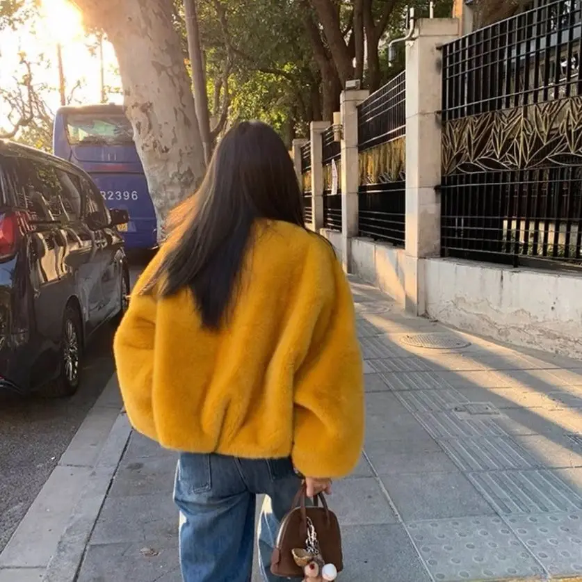 Women V-neck Short Coat Fake Mink Fur Mink Elegant Autumn Winter Coat