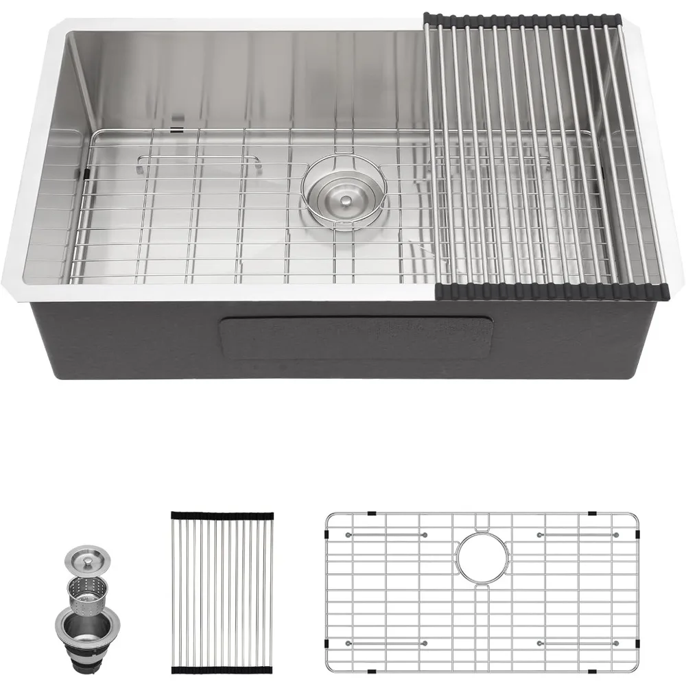 

33 Inch Undermount 16 Gauge Stainless Steel Kitchen Sink Under Counter Single Bowl Sinks Round Corner