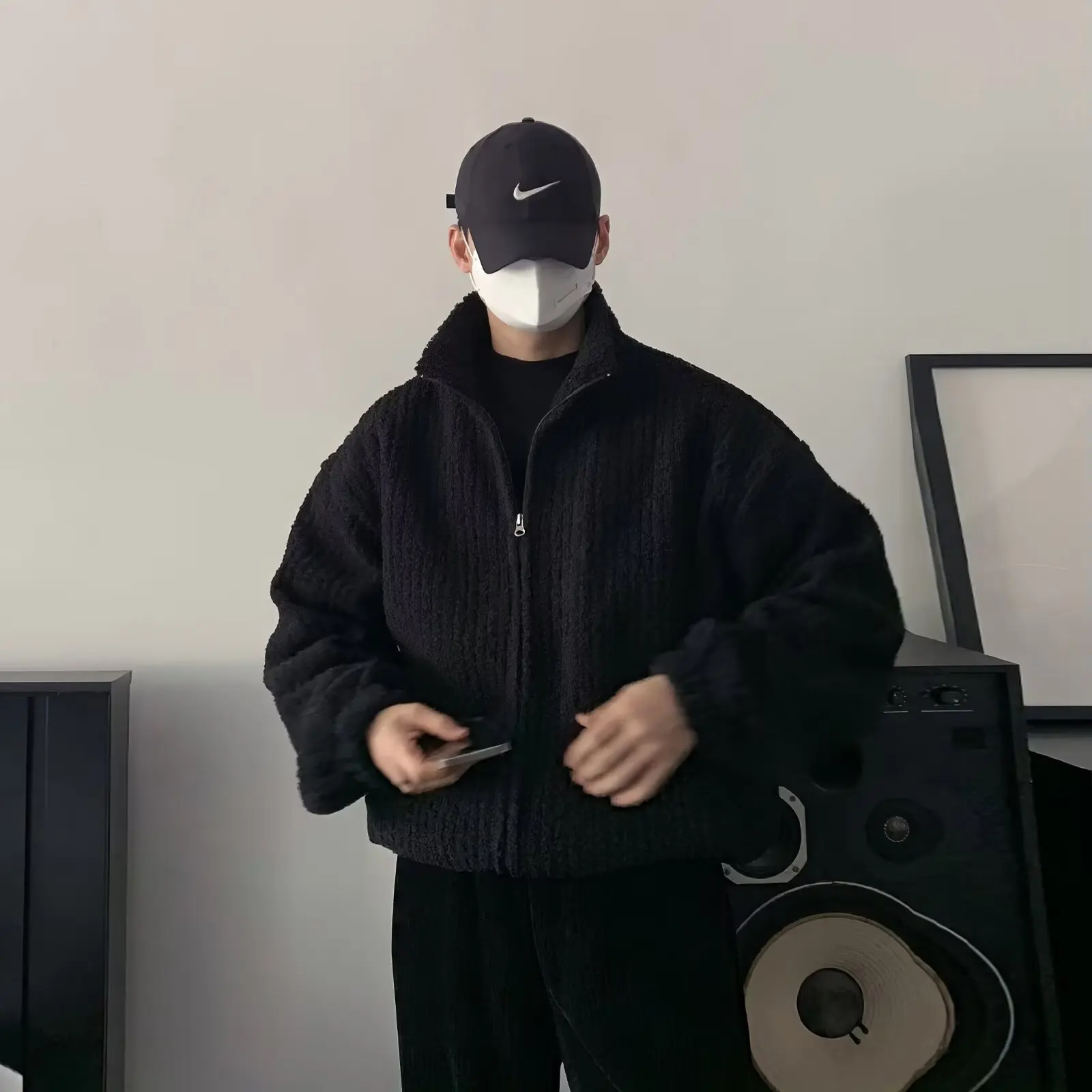 

Autumn Winter Large Size Men's Lamb Fur Cotton Jacket Warm Loose Outerwear Trendy High-End Feel Stand Collar Cotton Coat