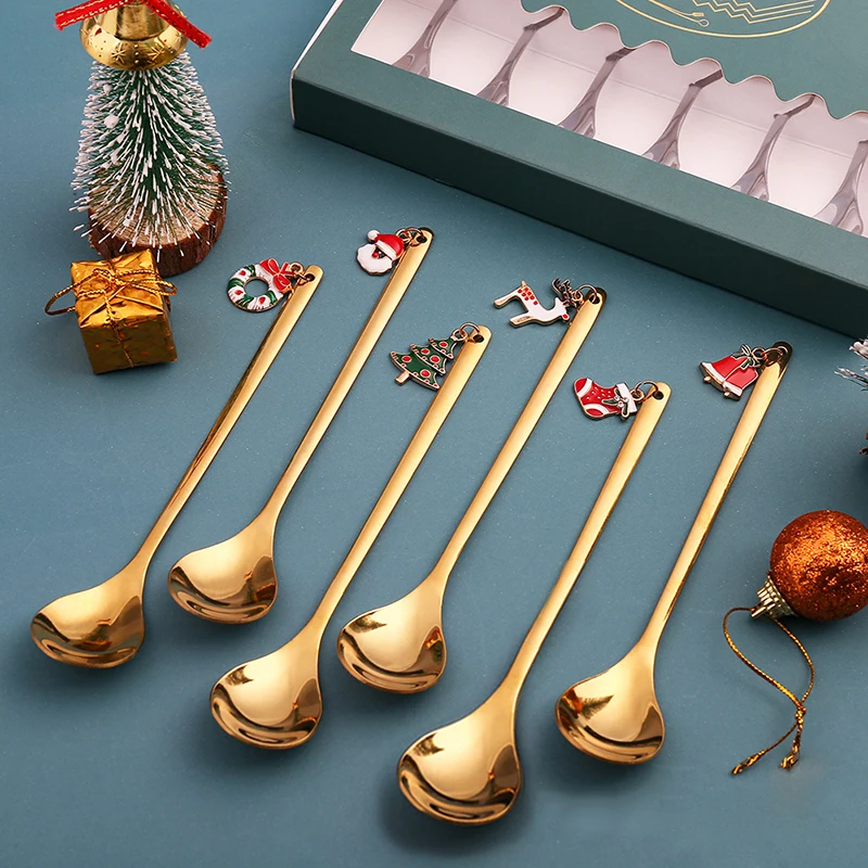 Spoon New Merry Christmas Stainless Steel Gold Silver Elk Snowman Santa Spoon Year Christmas Decoration Merry Christmas 2024