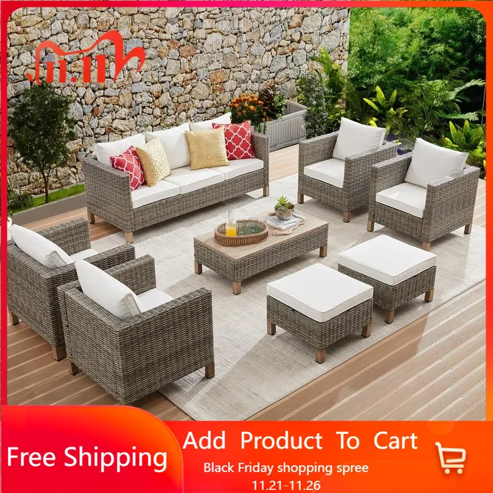 8 Pieces Patio Furniture Sets with Metal Top Coffee Table, All Weather Wicker Rattan Sectional Sofa  ,Beige