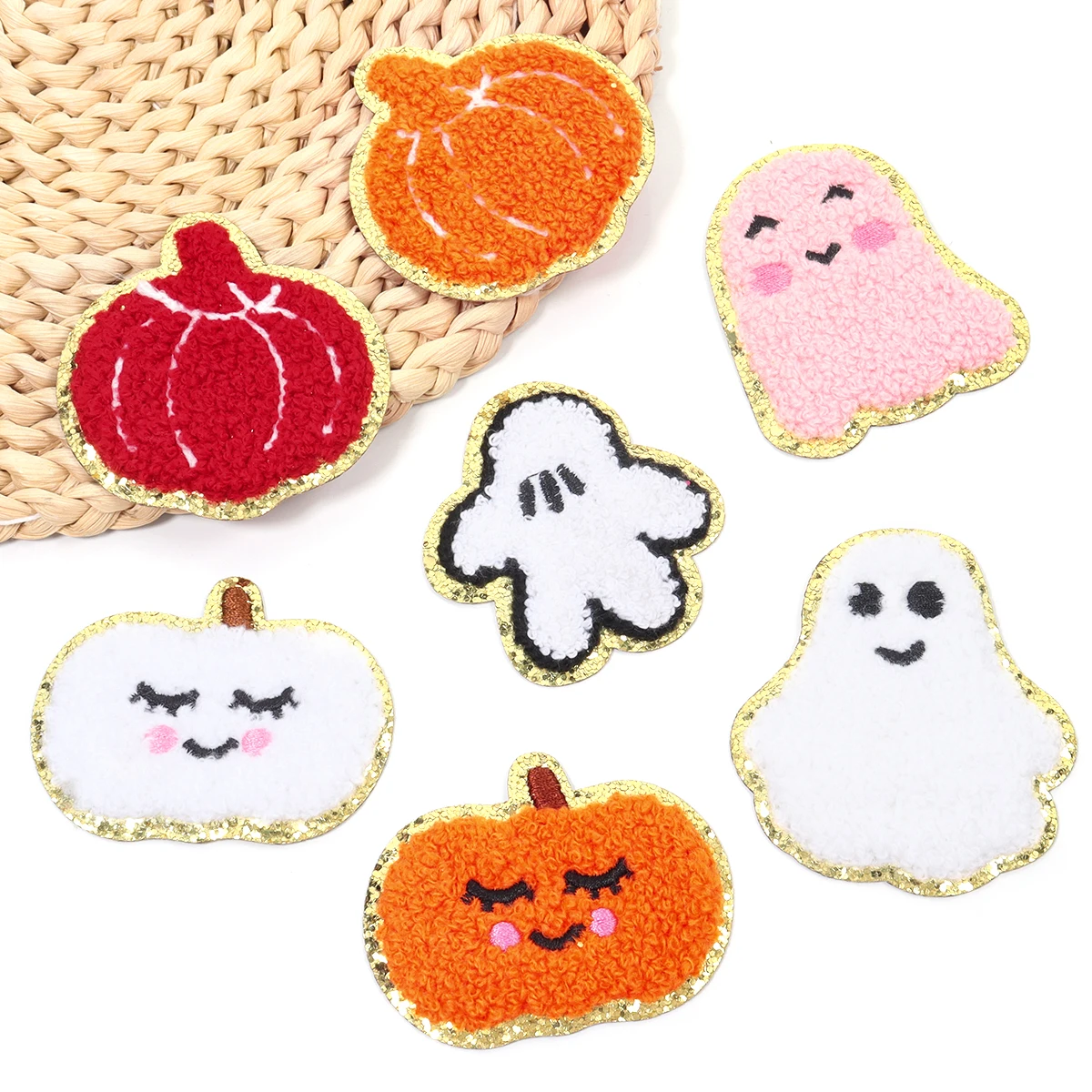 4szt/lot Halloween Pumpkin Spirit Iron On Chenille Patches Glitter Edge Applique For T-Shirt Jeans Hat DIY Crafts Supply Sticker