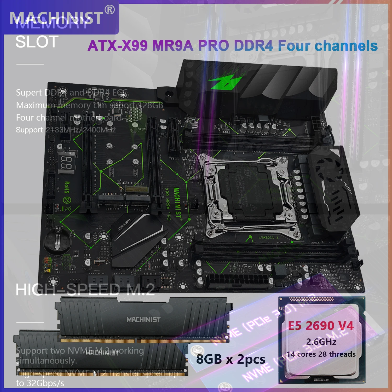 MACHINIST X99 TPM2.0 Motherboard LGA2011-3 Xeon E5 2690 V4 CPU DDR4 16GB RAM Memory NVME M.2 MR9A PRO Set Kit