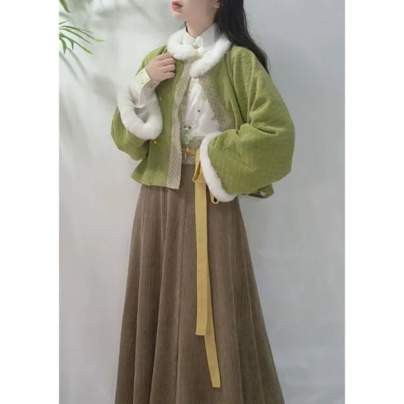 Winter Traditional Chinese Tang Dynasty Style Hanfu Dress Green Fleece Long Sleeved Cost Walnut Skirt Vêtements Chinois Femme