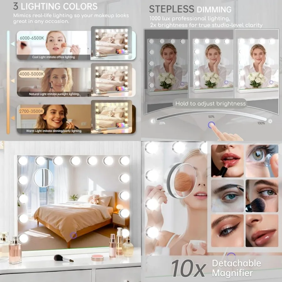 

Hollywood Vanity Mirror with Lights, 23" x 18" Lighted Makeup Mirror with 15 Led Bulbs, 3 Color Lights, 10x Magnification, Desk
