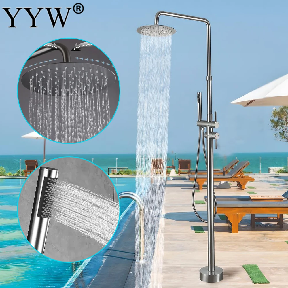 

Outdoor Floor Standing Shower Column Set Stainless Steel Brushed Freestanding Garden Shower Kit 360° Rotation Shower Faucets