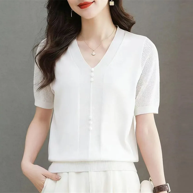 

Sweaters V-Neck Knitted Sweater Women Pullovers New Summer White Short Sleeve Knit Sweater Pullover Women Tops Knitwears Q5202