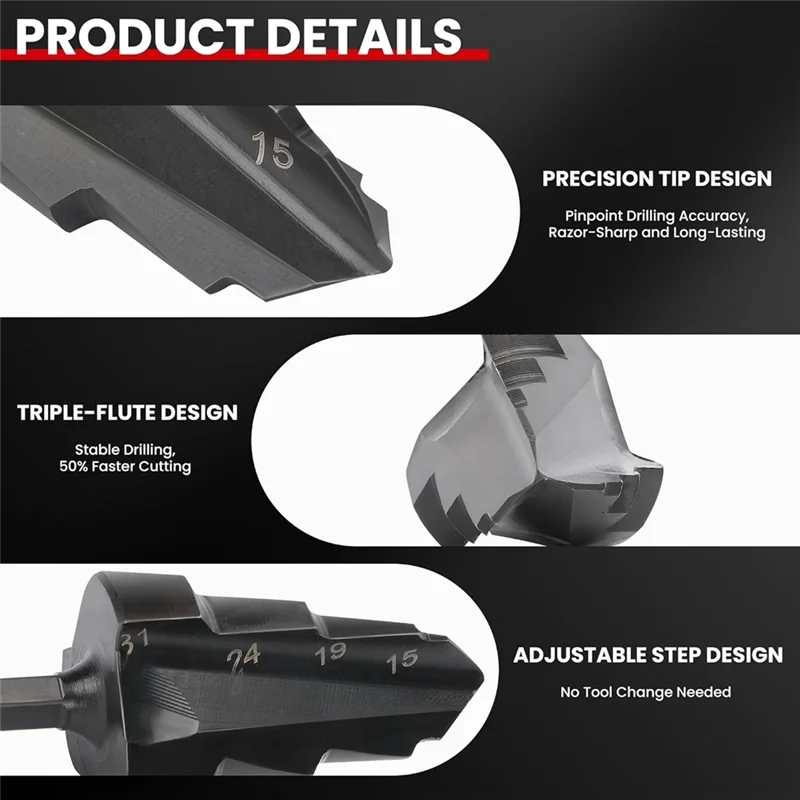 ABDJ-PPR 리프팅 스텝드 드릴 비트 리머 3 in 1 키트 (15~31mm 파이프용) - 1/4 헥스 샹크 퀵 체인지 툴 세트