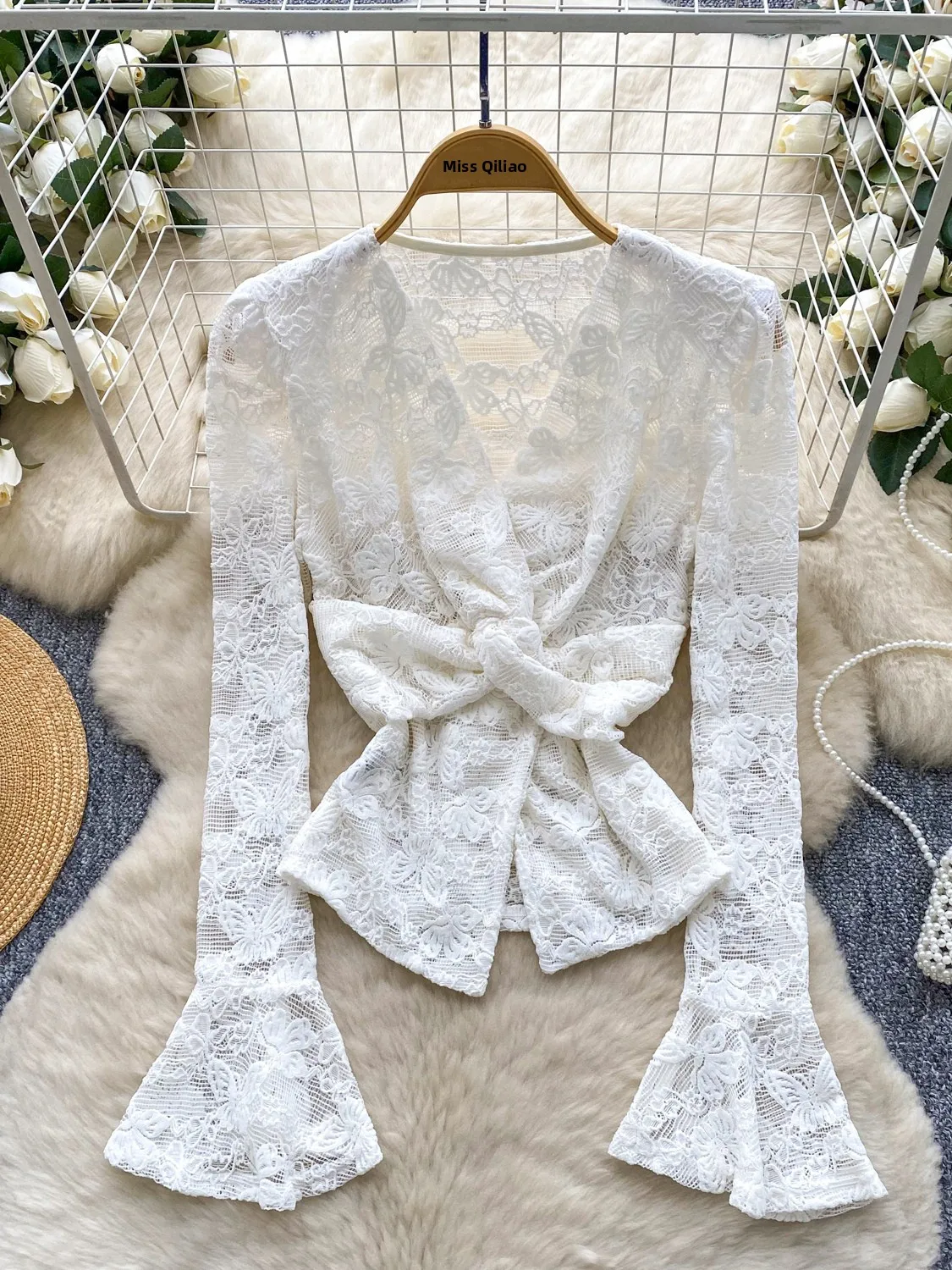 Ele Lace Long Sve Knot Ne Top Women's Faionable Base irt Slim Fit Korean Sle Polyester Fiber Breathable