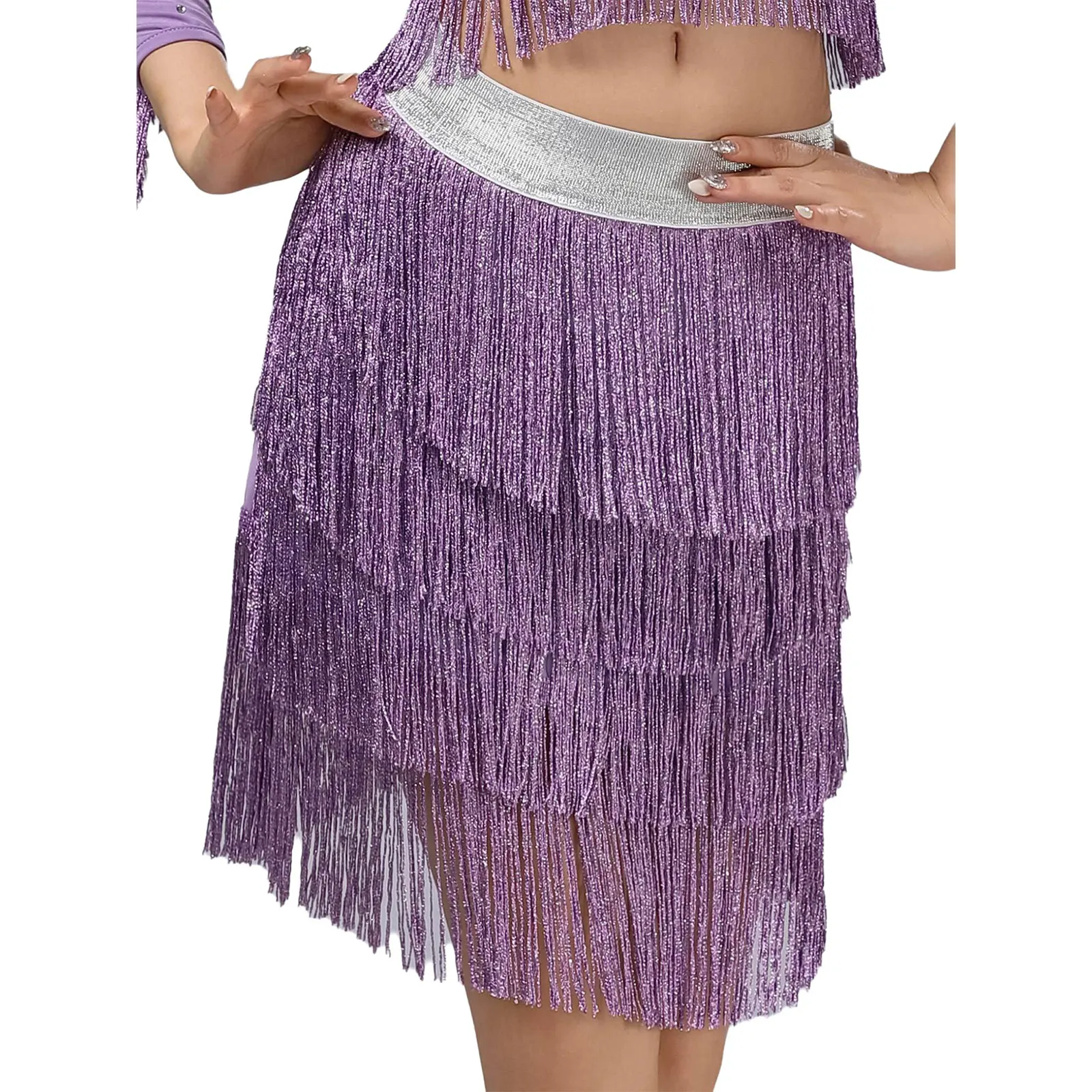女性フリンジスイングラテンタンゴタッセルスカートダンスウェア光沢のある弾性ウエストバンドティアードスカートダンス衣装チャチャルンバサンバ