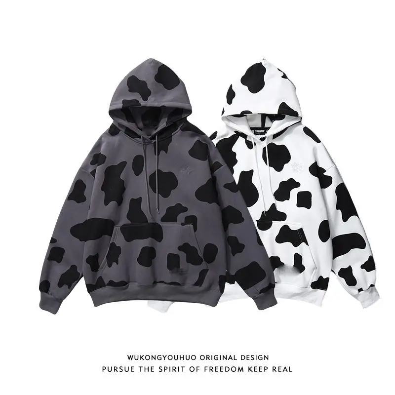 

With Hat Hoodies Harajuku Cow-print Hip Hop Couple Teens Hoodie Korean Lovely Basic Popular Autumn College Ladies Sweatshirts