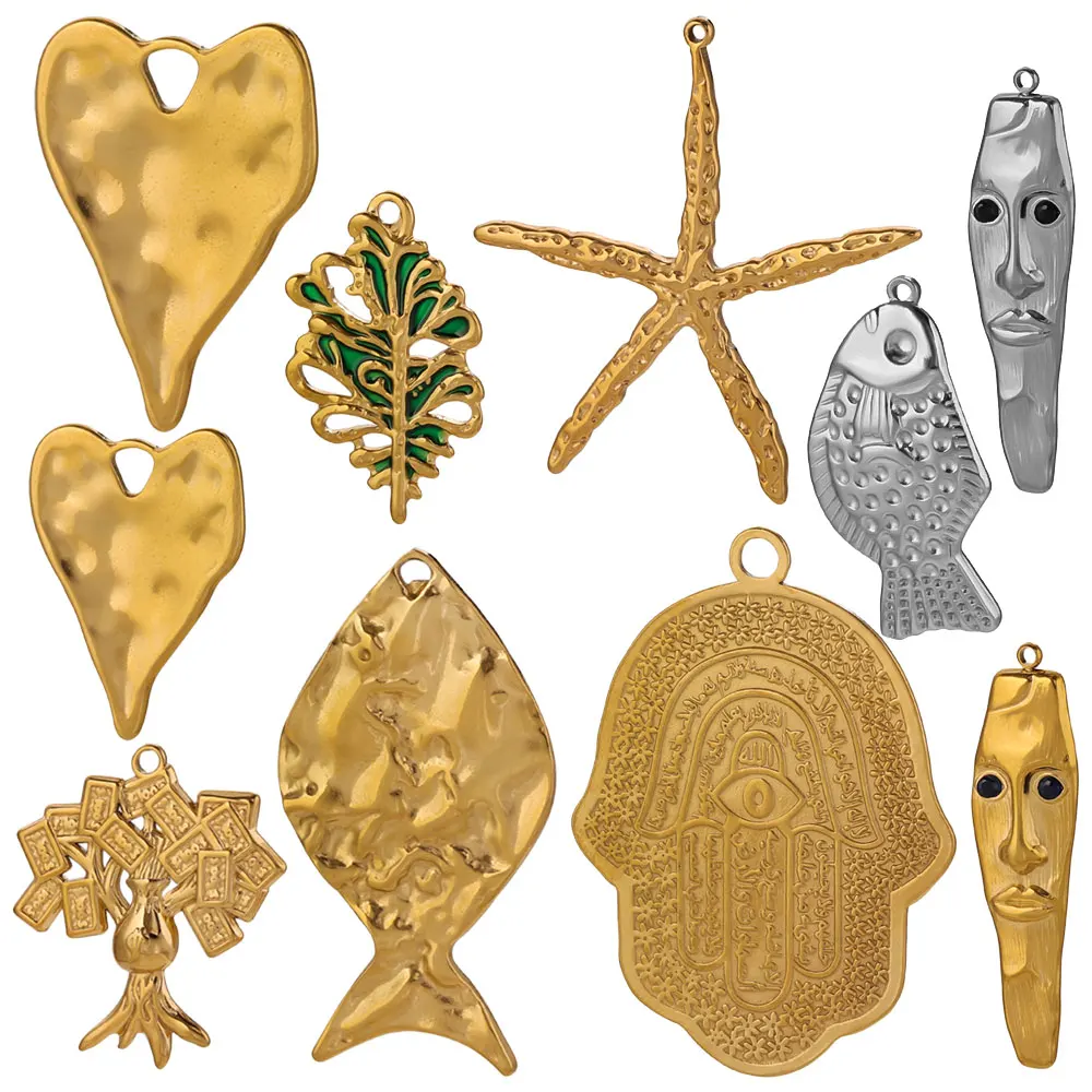 5 Stück Edelstahl-Anhänger Großer Fisch Seestern Hamsa Hand Goldanhänger für DIY Damen Halskette Ohrringe Schmuckherstellung Zubehör – Detail 1