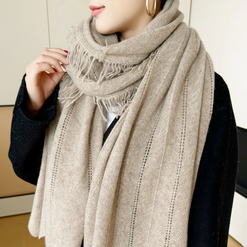 2025 Autumn Winter New 100% Cashmere Women's Scarf Tassel Shawl Dual-use Long Warm Solid Color Neck Warmer Versatile Trendy