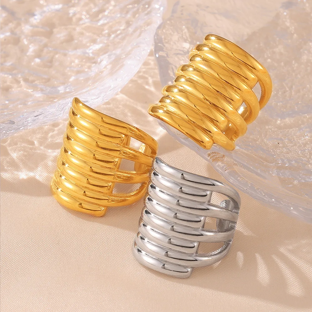 Multiple Layers Finger Index Rings for Women Texture Stainless Steel Ring Gold Plated Wide Style Luxury Jewelry Gift