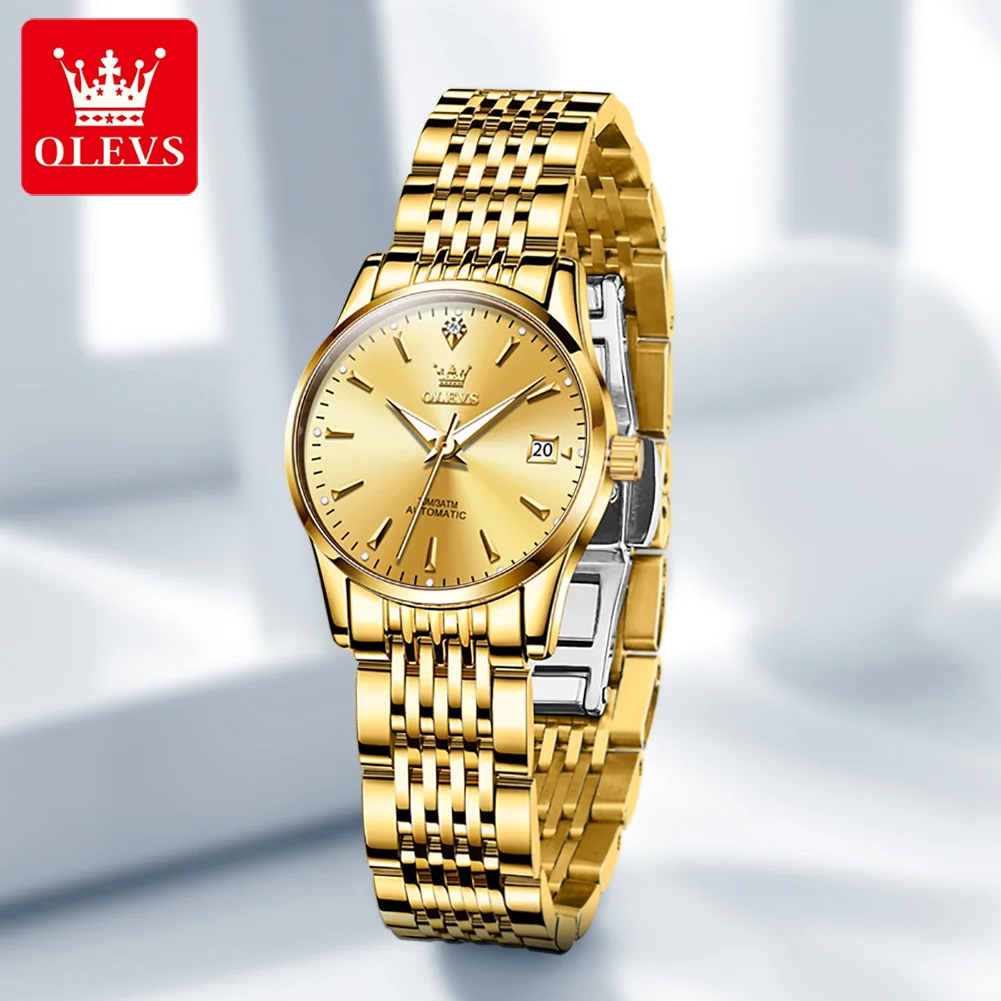 OLEVS Brand Luxury Mechanical Watches Women Fashion Gold Stainless Steel Ladies Automatic Watch Waterproof Watch for Women