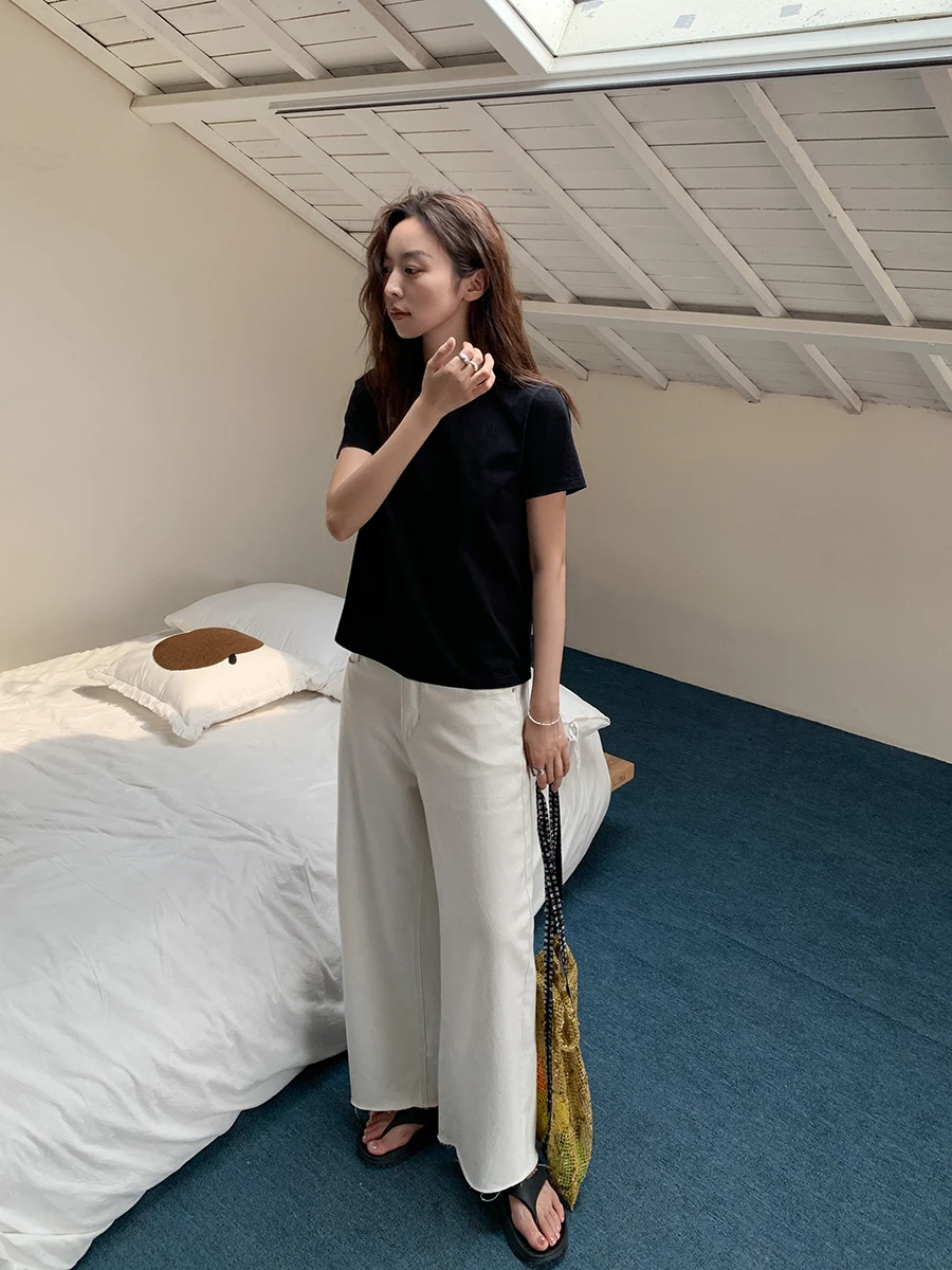 

Sixi повседневные широкие джинсы с высокой талией, женские утягивающие белые летние джинсовые брюки с потертостями и прямым кроем, с девятью очками