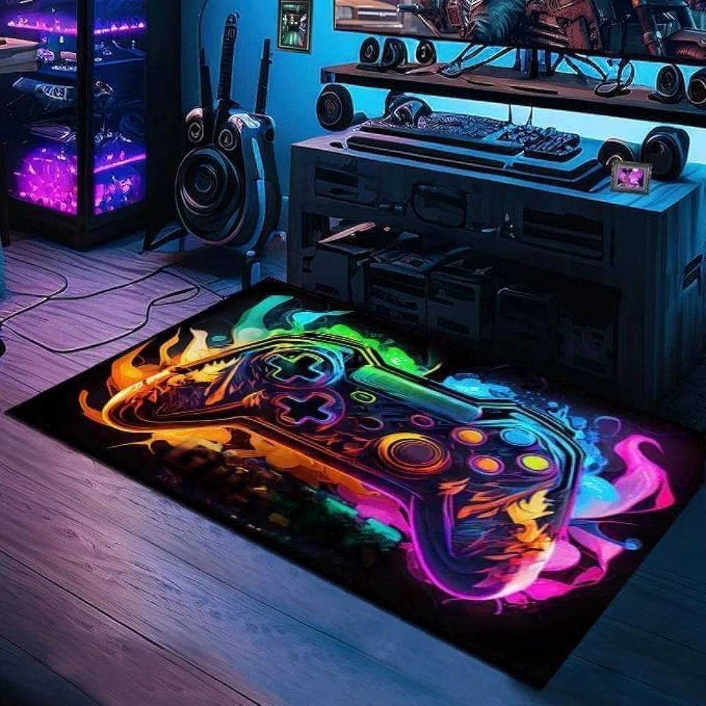VIKAMA Neon Game Controller Living Room Carpet Non-Slip Wear-Resistant Gaming Chair Mat Game Room Bedroom Carpet Home Decor