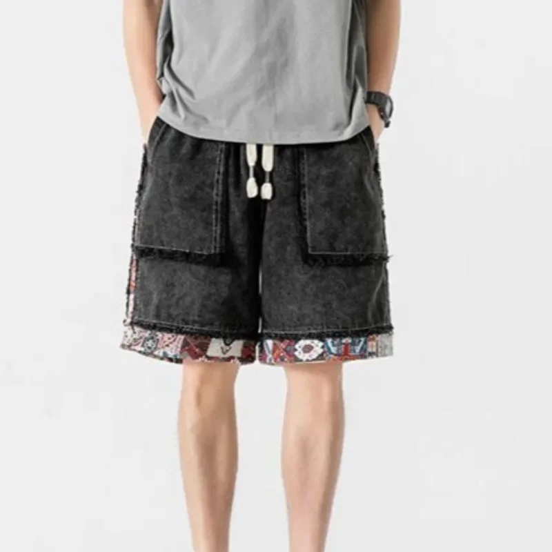 

With Pockets Half Long Straight Baggy Drawstring Male Denim Shorts Wide Loose Bermuda Men's Short Jeans Pants Y2k Fashion Emo Xl