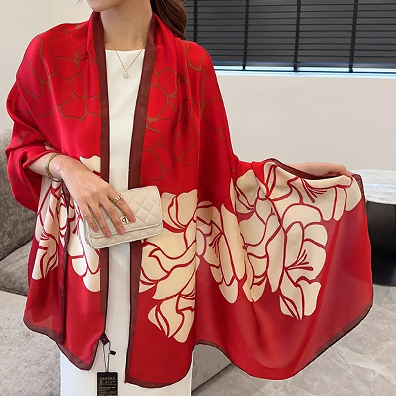 Luxury Brand Fashion Printing Silk Scarf 180*90cm Red Bandanna Foulard Muffler Travel Sun Protection Scarves Wrap for Mom Shawl