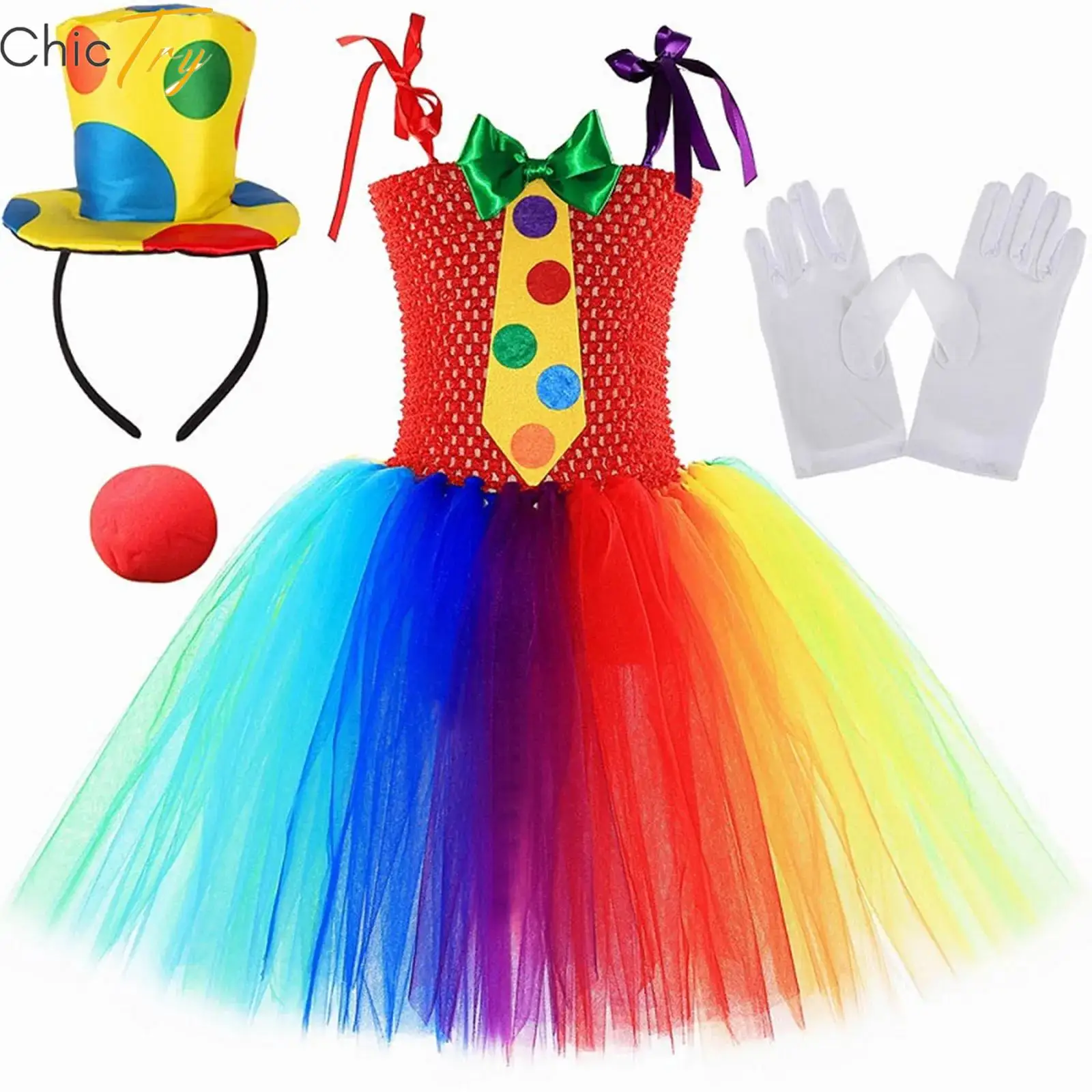 

Kids Girls 4Pcs Rainbow Circus Clown Cosplay Costume Party Set Adjustable Straps Bow Tie Puffy Dress with Headwear Nose Gloves