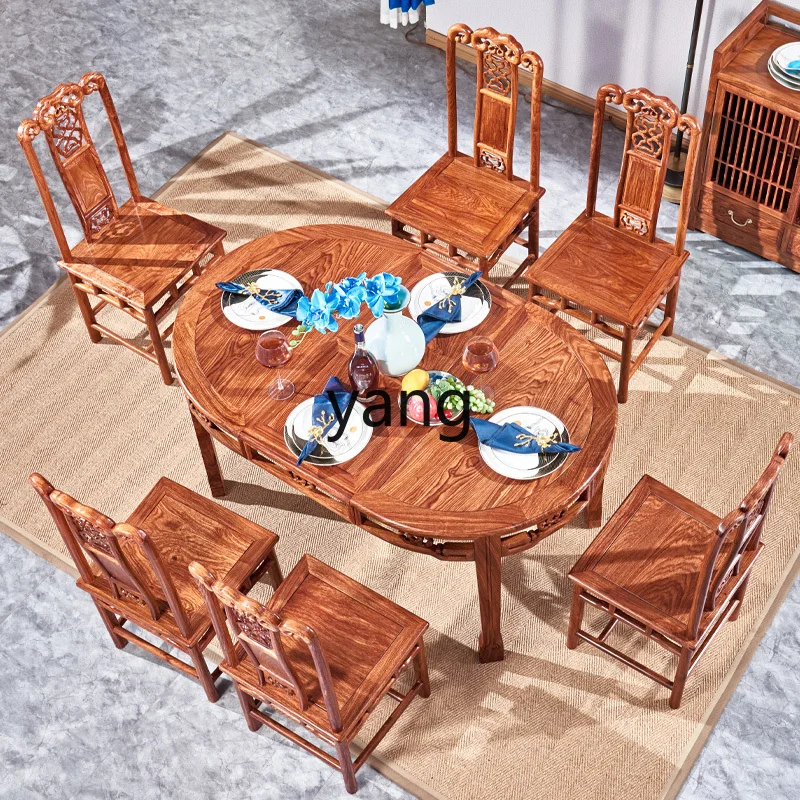 

LMMChinese mahogany retractable round dining table and chairs all solid wood rectangular dining room rosewood furniture