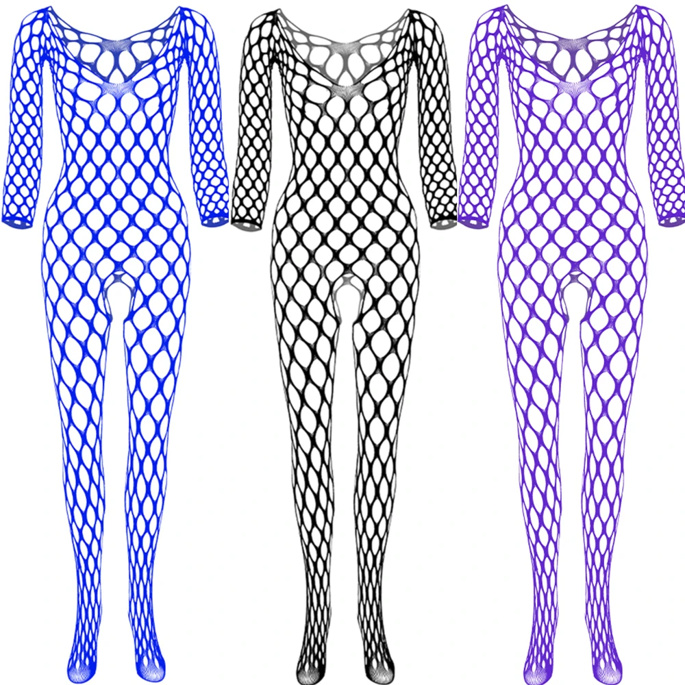 Men See Through Hollow Mesh Bodysuit Sexiest Women Body Suit Outfit High Elastic Full Body Stocking Transparent Fishnet Tight