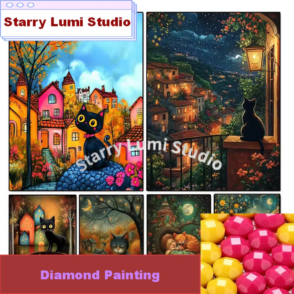

5D DIY Colorful Landscape Black Cat Diamond Painting Kits New 2025 Full Square Round Drill Diamond Mosaic Art Home Decoration