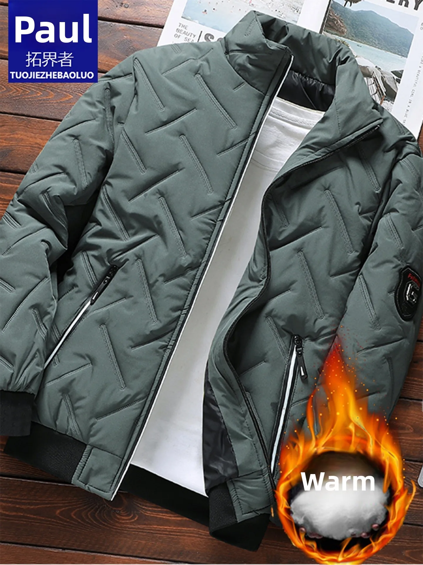 

Paul Winter Thiened Warm Cotton Jaet Men's Collar Stand-up Windproof Coat Versatile Winter Top Long Sve Casual Wear