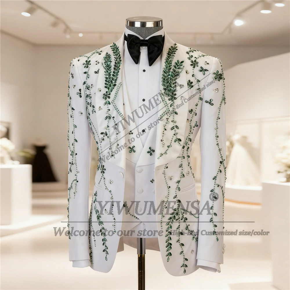 

Glittering Beads Stones Suits Men 3 Piece Single Breasted Jacket Vest Pants Customized Groom Formal Party Wedding Tuxedos Outfit