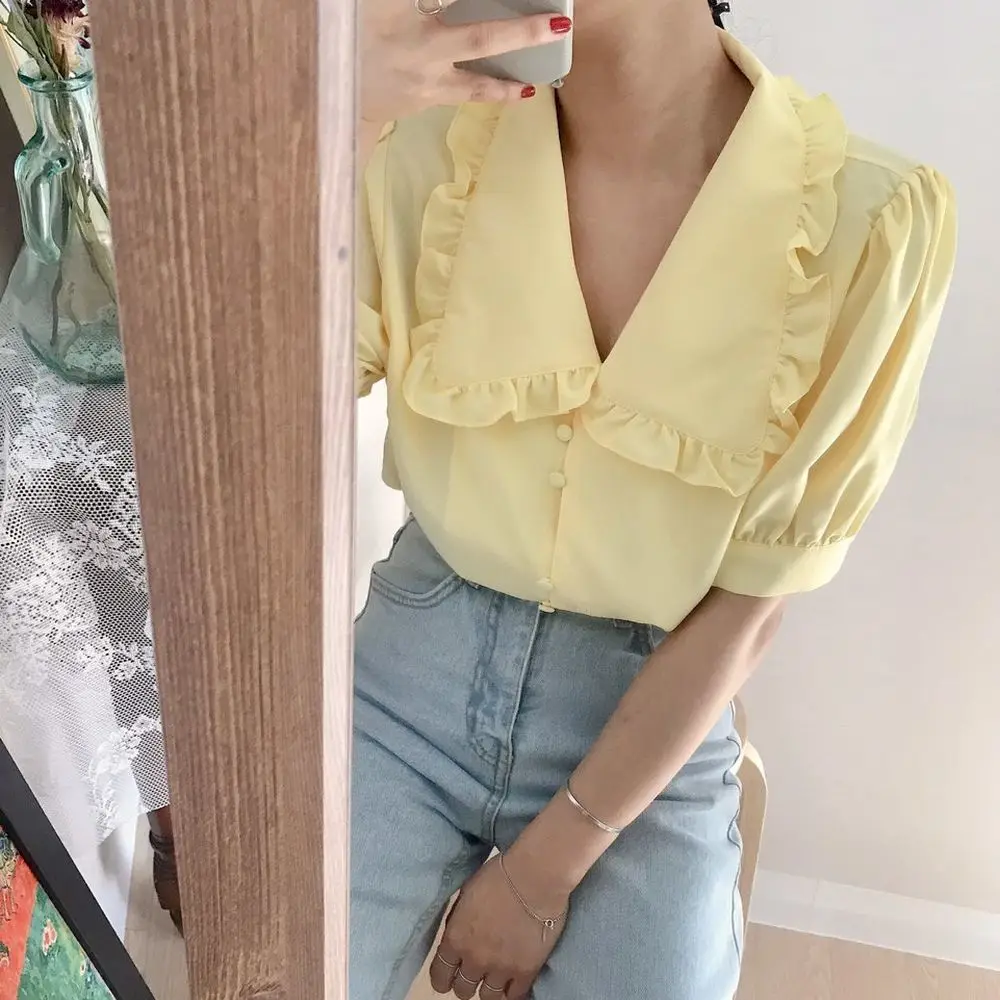 Vrouwen Blouses Solid Ruches Zoete Korte Mouwen Peter Pan Kraag Tender Elegante Tieners Alle-Match Retro Ulzzang Mooie XS-3XL dagelijks