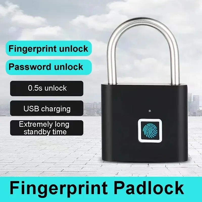 

Smart Fingerprint Padlock Biometric Fingerprint Keyless Door Lock USB Rechargeable Security Padlock Waterproof Unlock for House