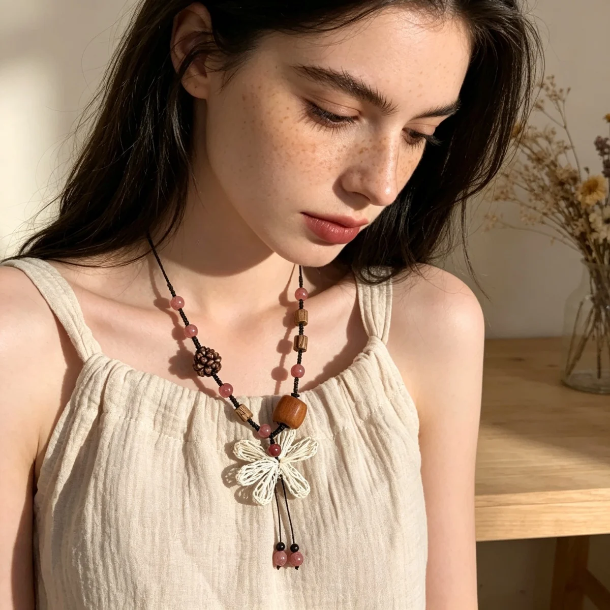 Ethnische handgewebte Strohblumen-Anhängerkette für Frauen, rosa Naturstein, Holzperlen, lange Kette, Pulloverkette, Boho-Schmuck – Detail 15