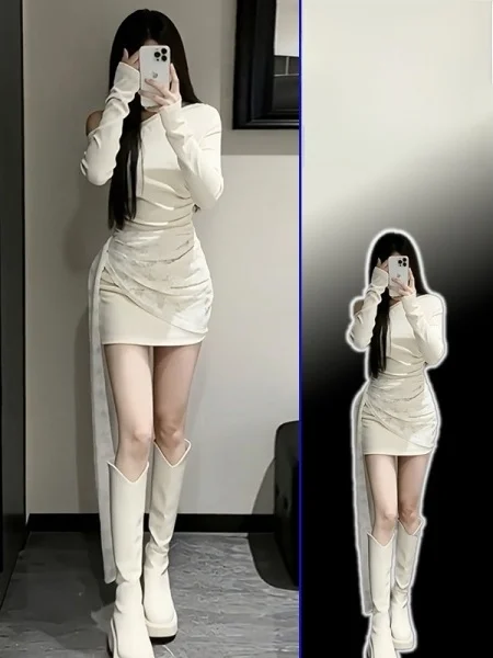 

plus Size Women's Korean Sle Long Sve Wrap Waist ort Dr White Spring Season High Waist Slimming Bodycon Skirt