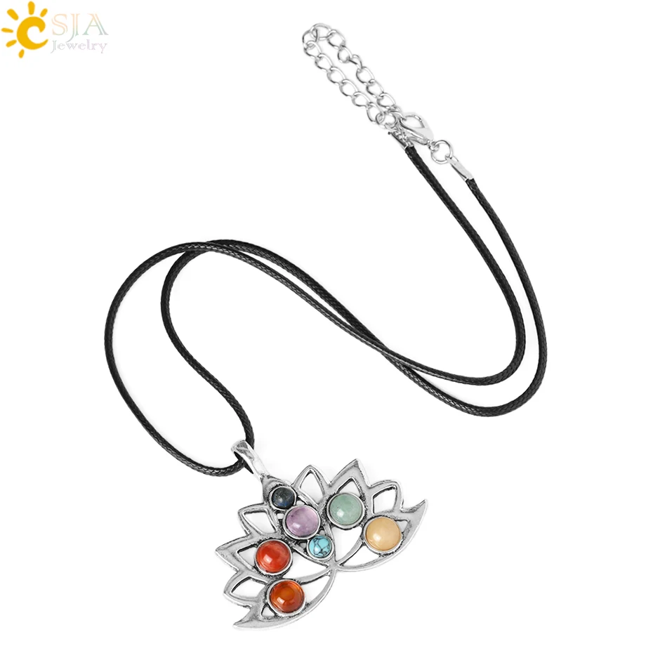 CSJA 7 Chakra Crystal Pendant Necklace Reiki Natural Stone Lotus Flower Pendants Charm Health Amulet Healing Jewelry Women G940