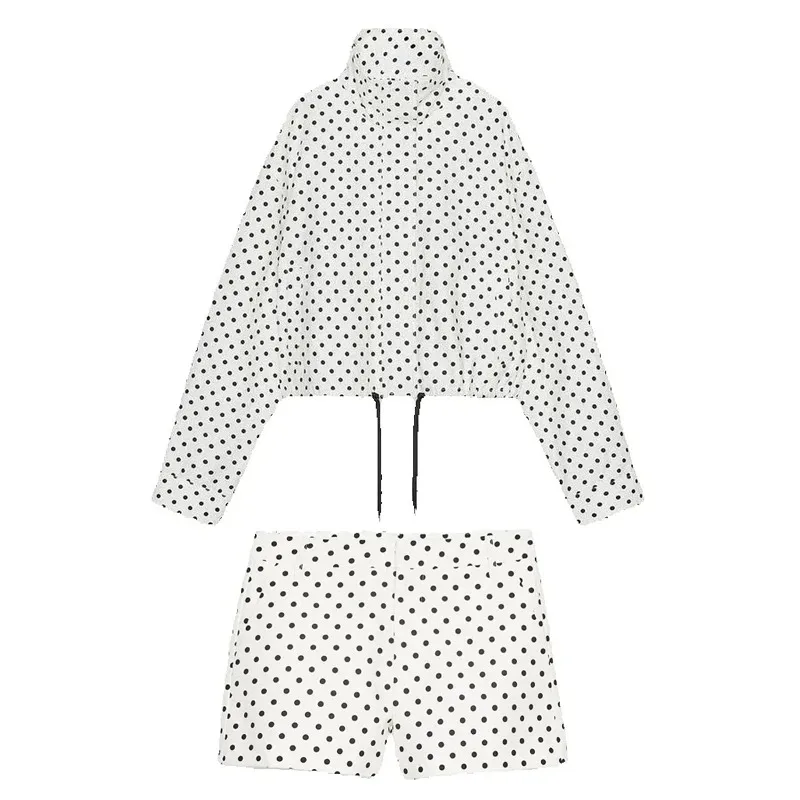 

Женская куртка в горошек, брюки, комплект Co-ord, повседневное свободное пальто на молнии с длинными рукавами, шорты с низкой посадкой, женский новый спортивный костюм 2025 г.