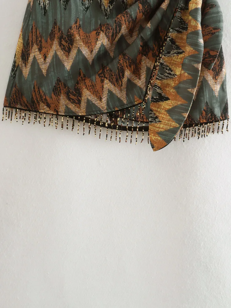 Women Vintage Geometric Print Knotted Mini Sarong Skirt Faldas Mujer Female Beading Tassel Casual Zipper Vestidos