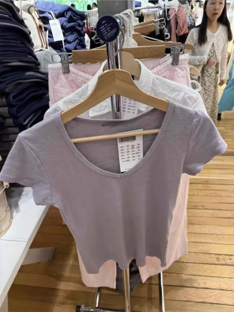 

Purple V-neck Short Sleeve Tees Women Summer New Cotton Soft Casual Simple Slim Tops Clothes Basic Sweet Preppy Style T-shirts