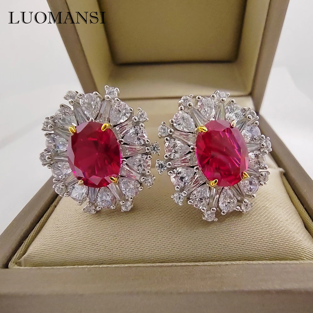 

Luomansi 8*10MM Ruby Earrings 100%-S925 Sterling Silver Women's Jewelry Wedding Party Crystal Gift