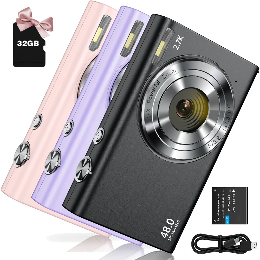 Digital Camera 2.7K 48MP Autofocus Kids Camera with 32 GB Card 16X Zoom Compact Portable Mini Cameras for Kids Teens Girls Boys