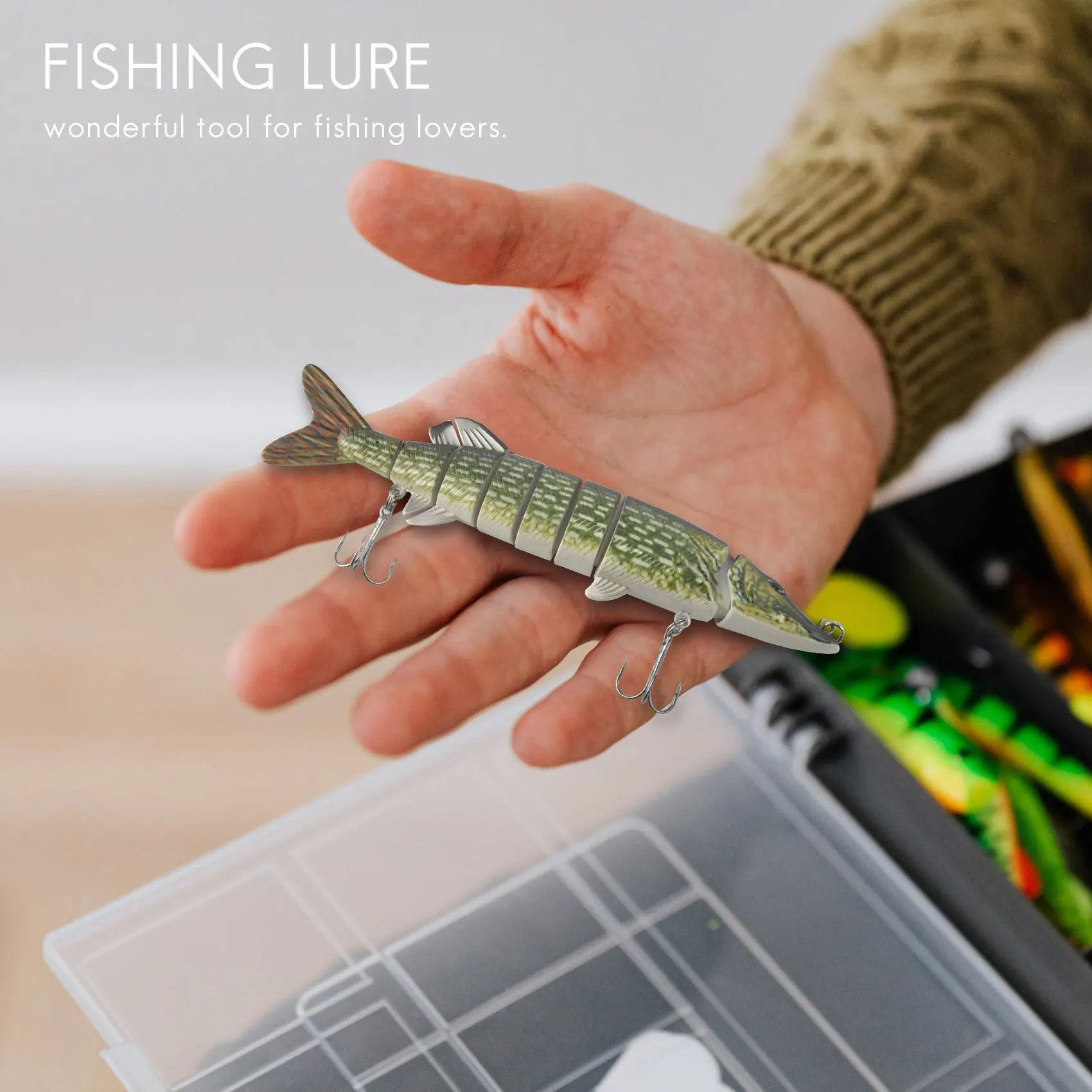 A24U20cm 40g Lifelike Multi-jointed 8-segement Pike Muskie Fishing Lure Swimbait Crankbait Hard Bait Fish Hook Tackle ArmyGreen