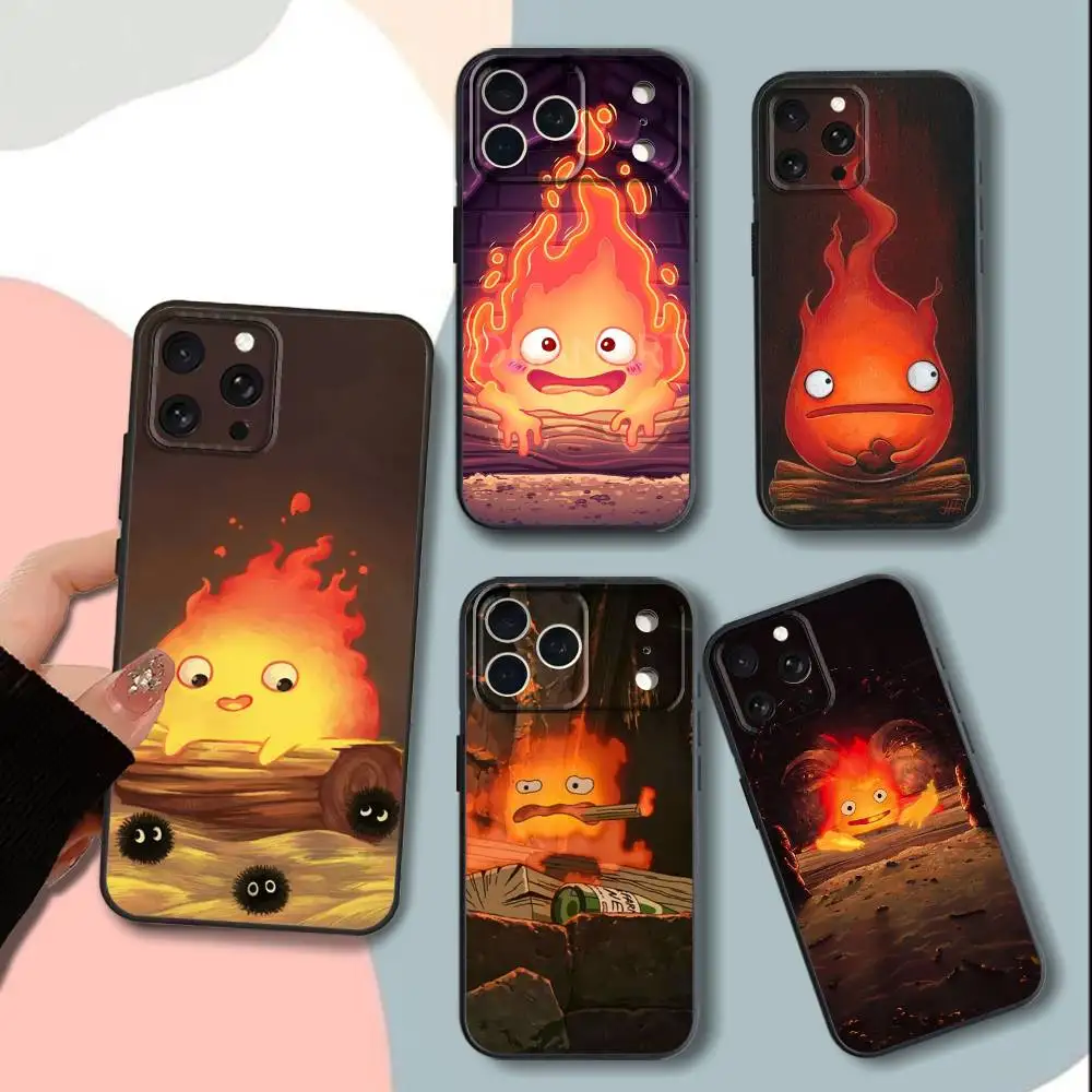 

F-Fire C-Calcifer adorkable Phone Case For iPhone 15,13,16,12,11,17,14,Plus,Pro,Max,XS,XR,X,SE,Mini,Soft Silicone Black Cover